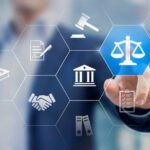 Legal advice service concept with lawyer working for justice, law, business legislation, and paperwork expert consulting, icons with person in background